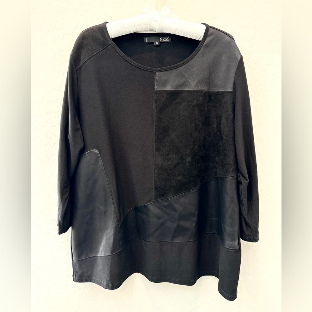 NESS | Black Mixed Media Faux Leather Suede Patchwork Tunic Top Minimalist | 1X